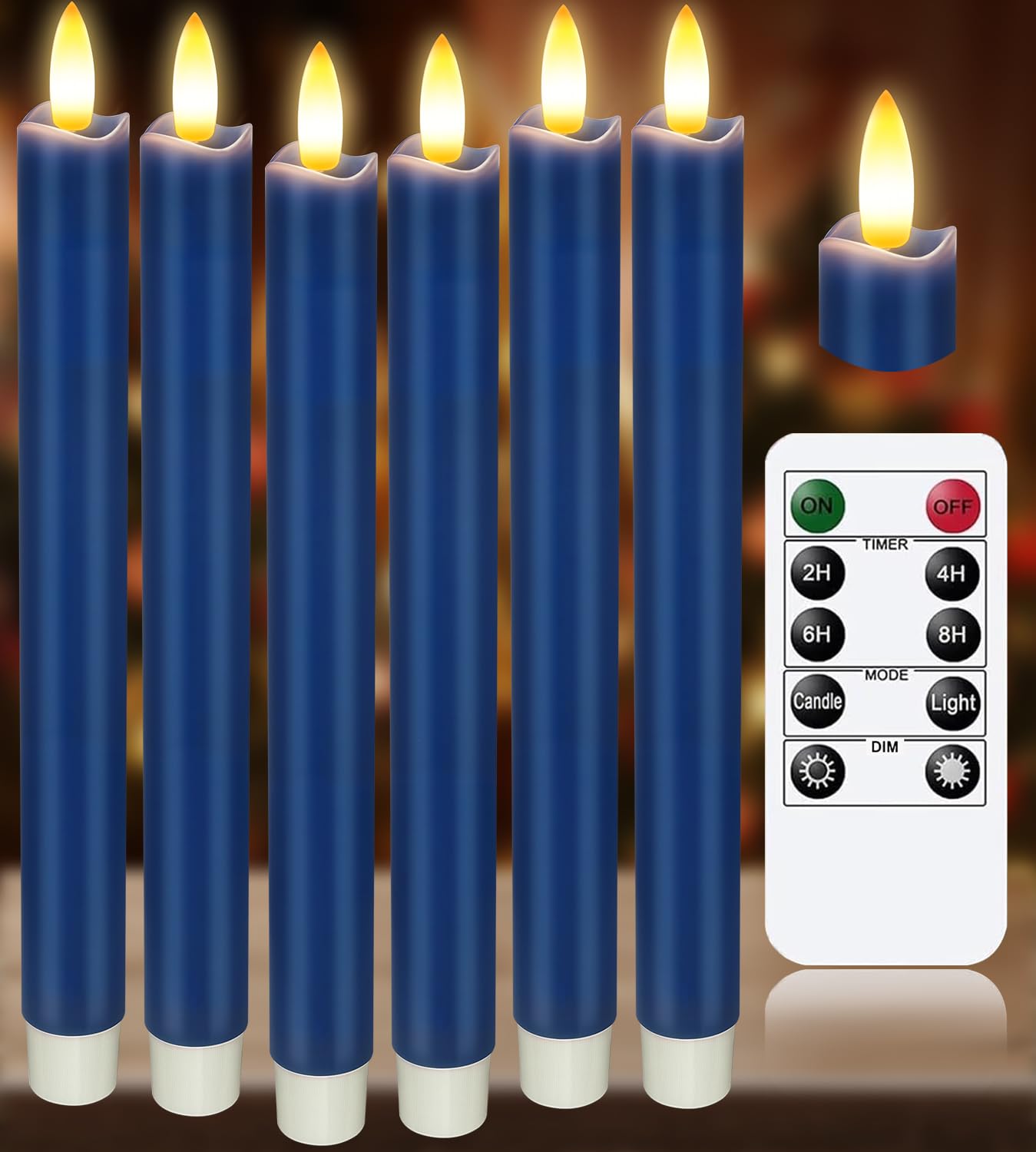 KSWING Upgraded Real Wax LED Flameless Navy Blue Taper Candles with Remote, 6 PCS Candlesticks Battery Operated 3D Flickering - 9.6" Long Realistic Fake Candle Sticks for Home/Wedding/Xmas Deco