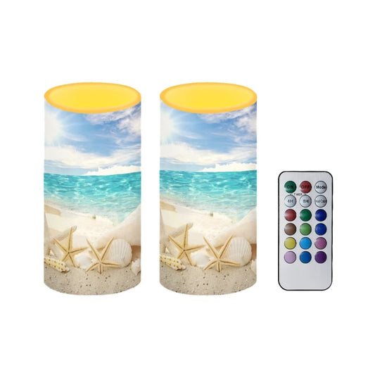 NETILGEN Flameless LED Candles Electric Candles Set of 2, with Remote Control Timer Multicolor Light Long Lasting for Party Decor Beach Coastal Decorations, Beach Starfish Conch Shell