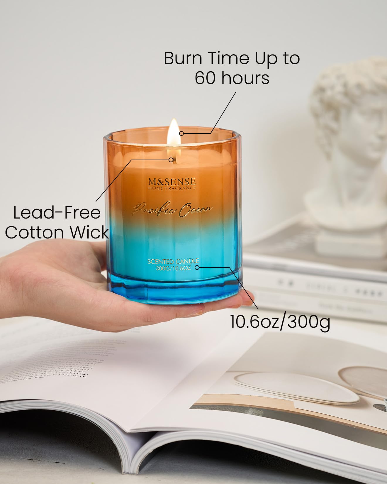 M&SENSE Summer Ocean Scented Candles for Home, 10.6oz Natural Soy Wax, 60-Hour Clean Non Toxic Aromatherapy Candle, Marine Breeze Smelling for Housewarming Gifts