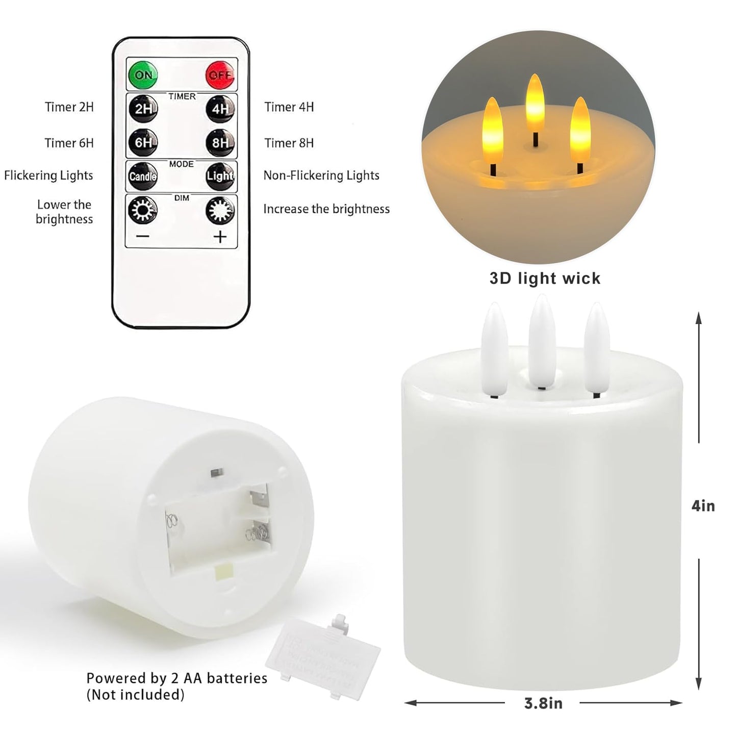 Large 3 Wick Flameless Candles, 4"x4" Flickering Flameless Candles with Remote & Timer, Dimmable Real Wax LED Candles Battery Operated, Electric Pillar Candles for Home Wedding Christmas Decor (White)