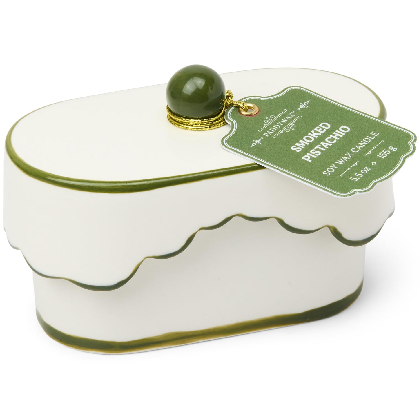 Paddywax CHÉRIE Ceramic Dish Candle, Soy Wax Candle, Poured with Love Ceramic Jar with Scalloped Lid, Reusable Vessel, 5.5 oz, Smoked Pistachio