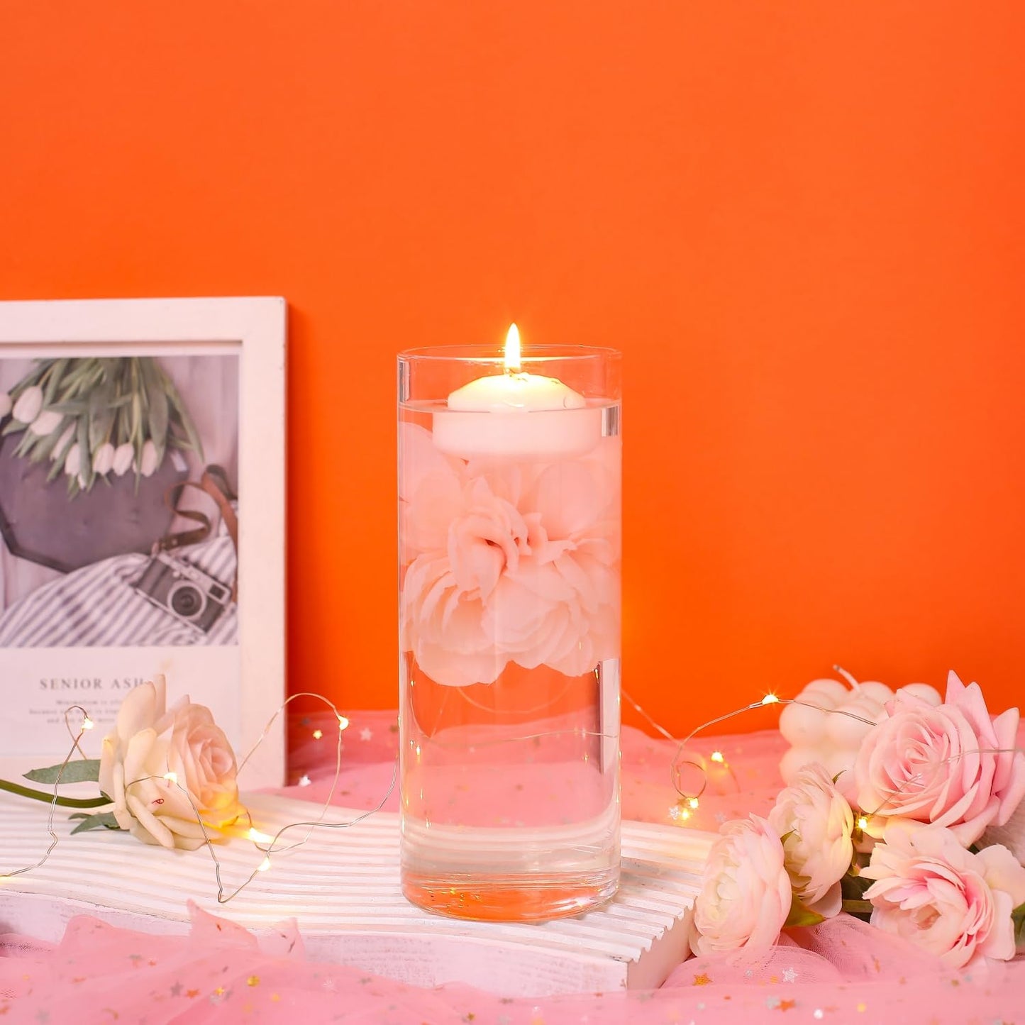 WPPNSY 24 Pcs Floating Candles for Centerpieces and Floating Flowers Artificial Flowers Head Vase Filler for Party Home Table Wedding Centerpieces Decoration (Pink)