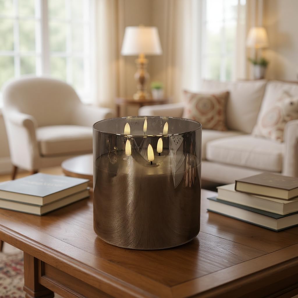 NICEME Extra Large 3 Wick Battery Operated Candle, 6"x6" Big Clear Glass Flameless Candles with Remote, Real Wax Flickering Led Pillar Fake Giant Candle for Wedding Party Holiday Home Decor, Grey