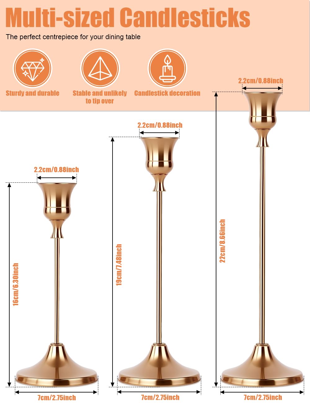 2 Sets(6 Pcs) French Gold Tapered Candle Holder,Candlestick Tall Metal Candlestick Holders for Table Centerpiece Home Decor for Wedding Fireplace Mantel Housewarming Gift Fits 3/4 Inch Thick Candles