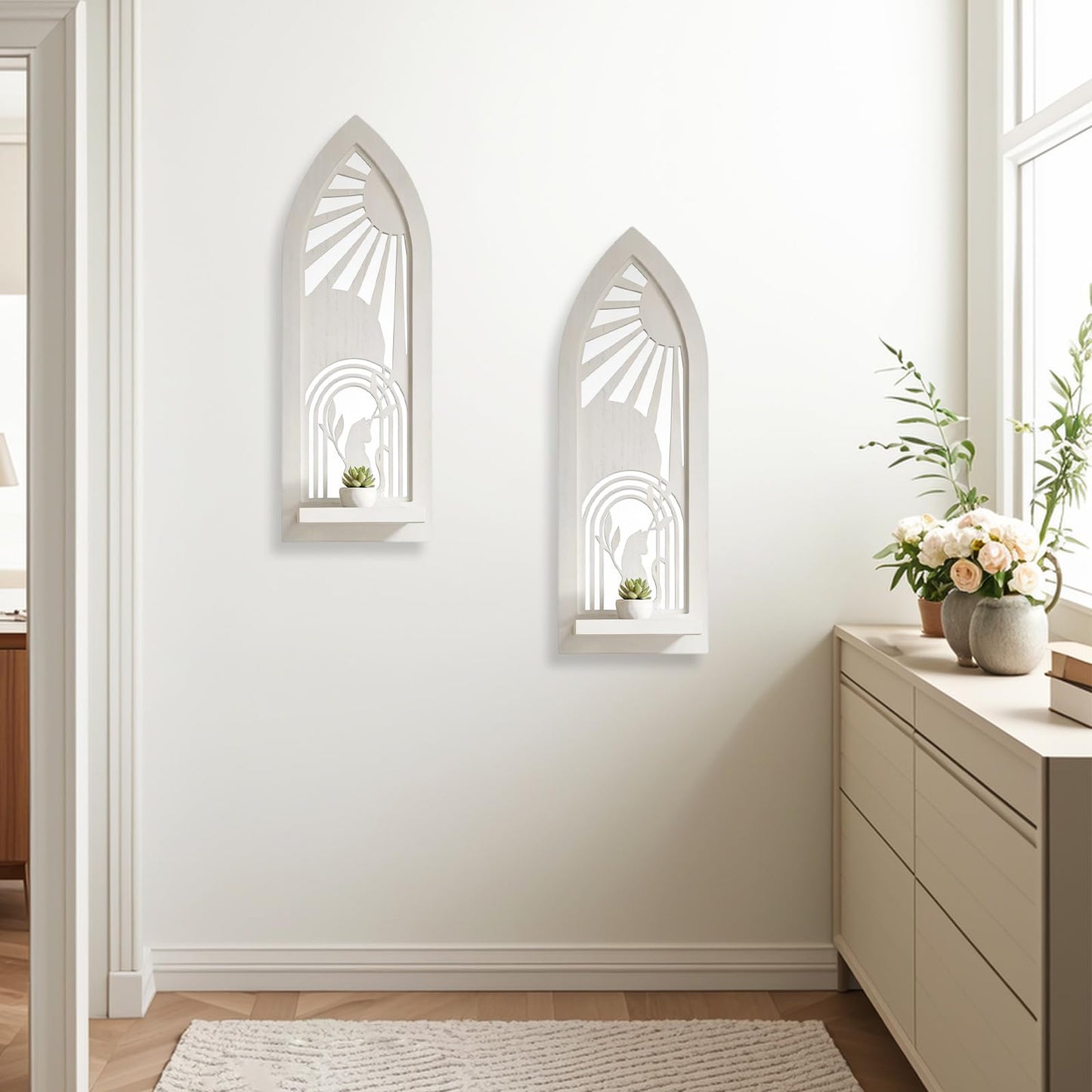 ZEXUIRU 2 Set Rustic Candle Sconces Living Room Bedroom Entryway Wood Mirrored, Farmhouse, Carved Frame Wall-Mount Wooden Candle Holders Wall Decor Hanging Handmade Holder - Distressed White