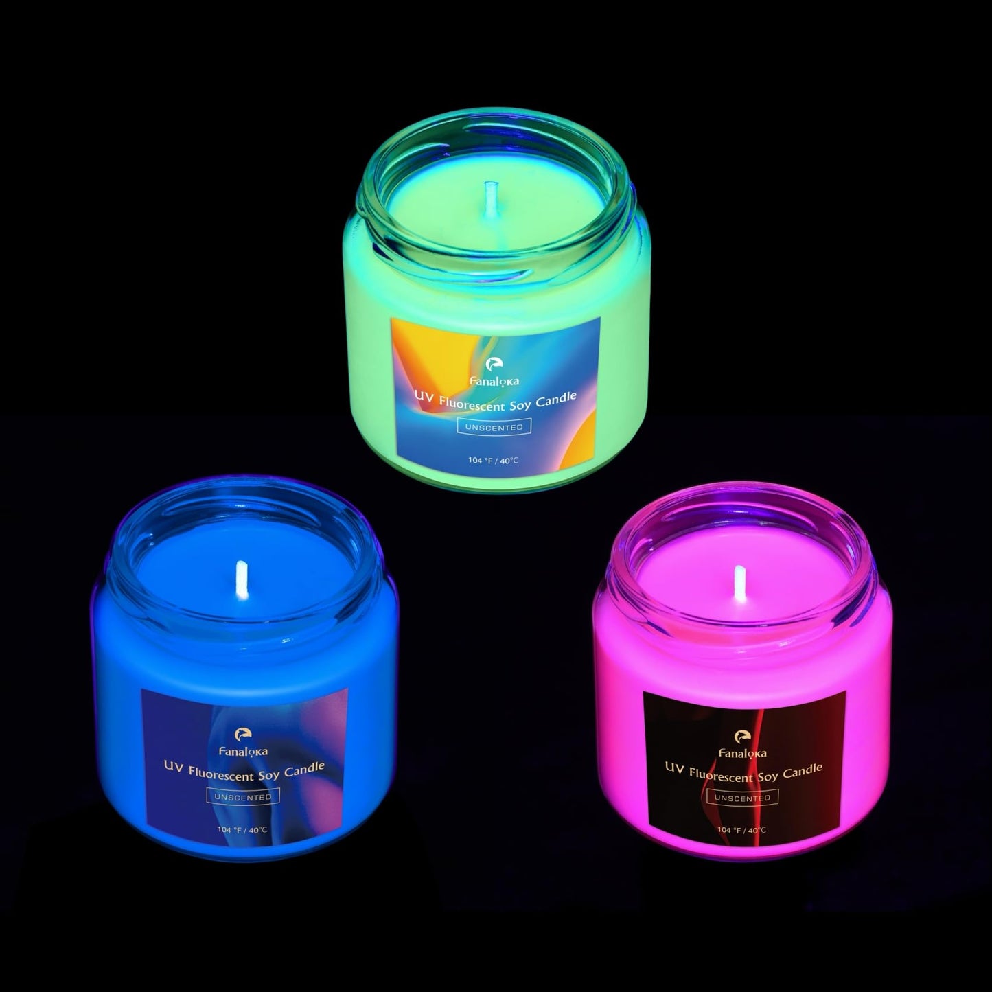 UV Fluorescent Soy Wax Low Temperature Candles, Low Heat Wax Play for Night Party, Unscented, 104 °F, 5 oz (Yellow+Blue+Red)