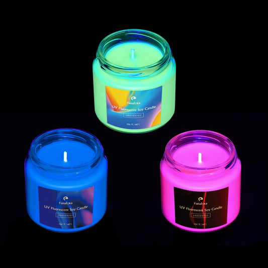 UV Fluorescent Soy Wax Low Temperature Candles, Low Heat Wax Play for Night Party, Unscented, 104 °F, 5 oz (Yellow+Blue+Red)