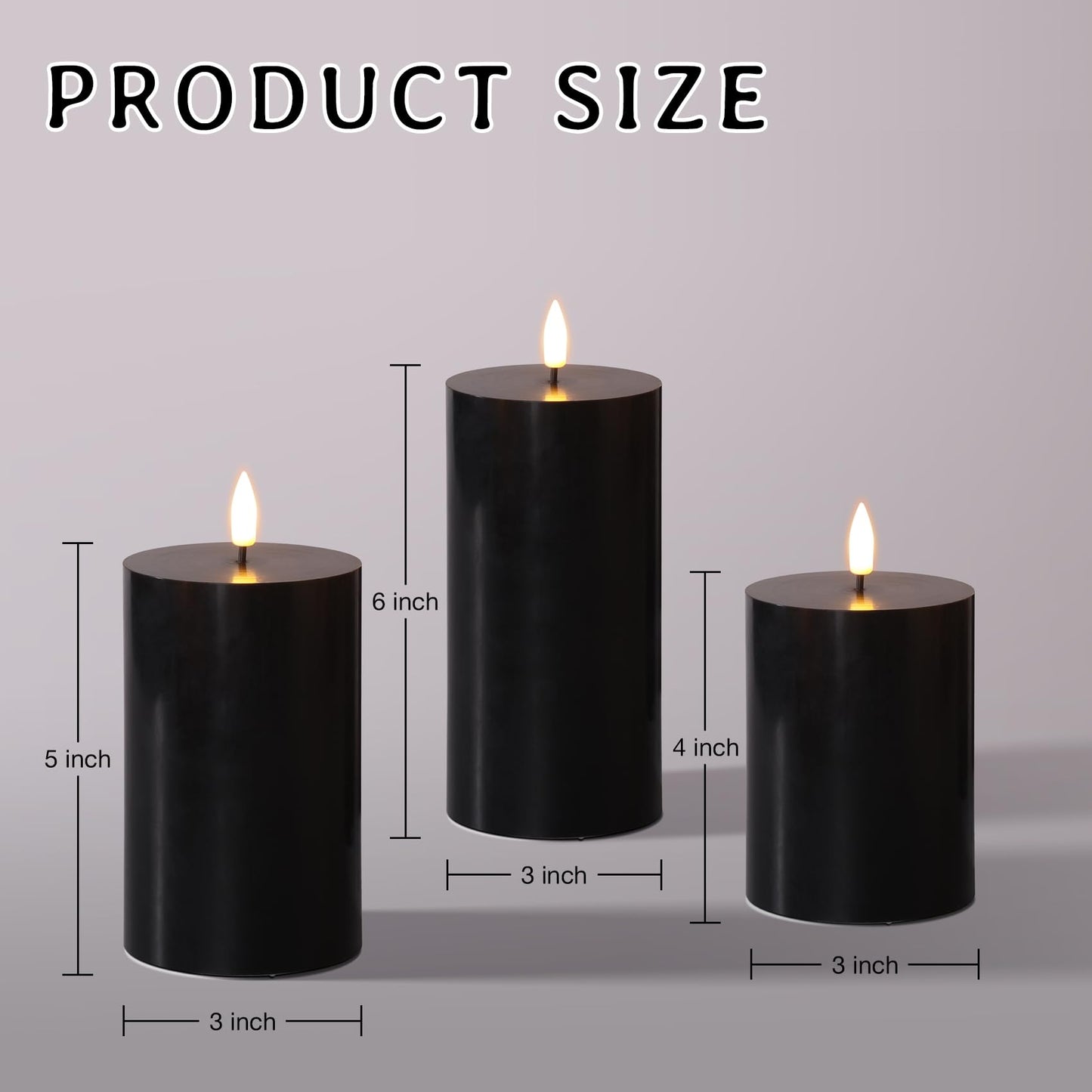 Girimax Black Flameless Pillar Candles with Remote, Flickering LED Wax Candles Battery Operated Set of 3
