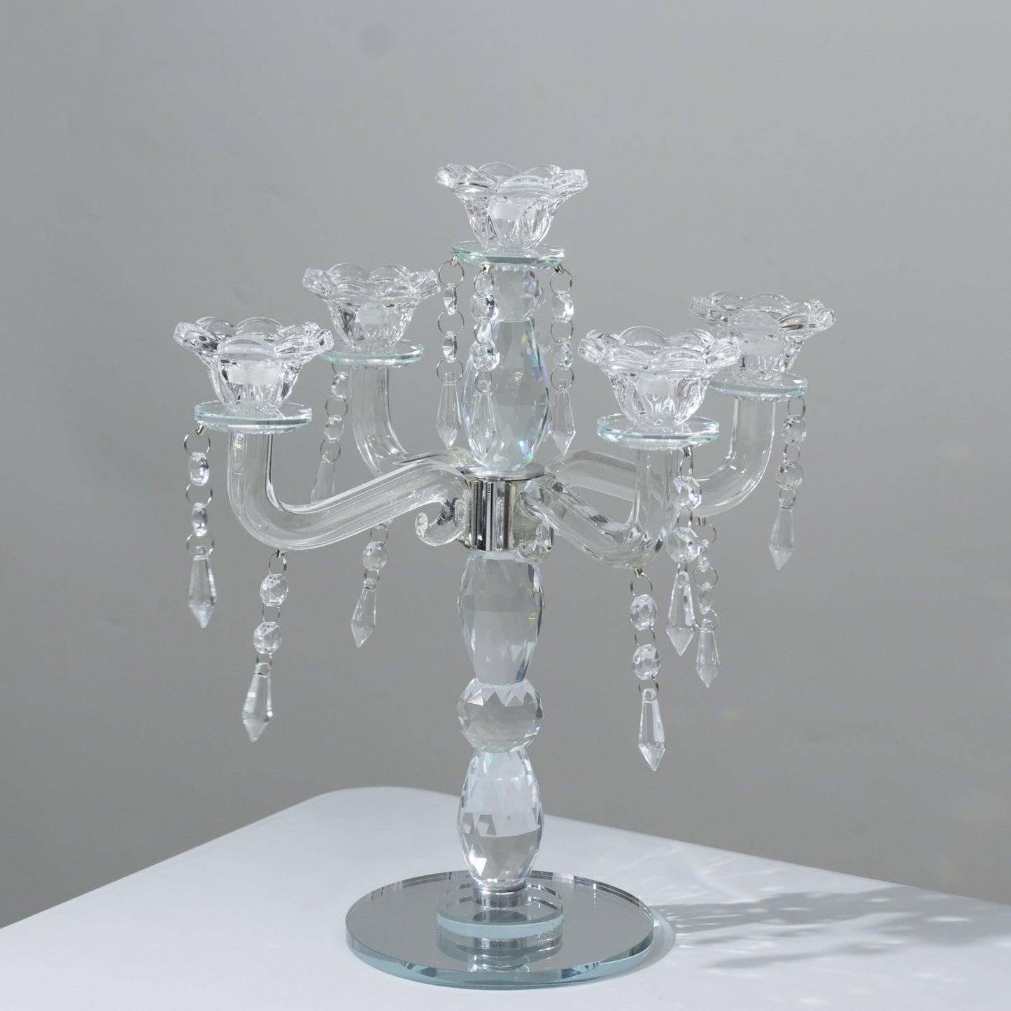 Efavormart Crystal 5-Arm Candelabra Taper Candle Holder with Hanging Prisms & Round Mirror Base – Faceted Cut Glass Design - 14" Tall
