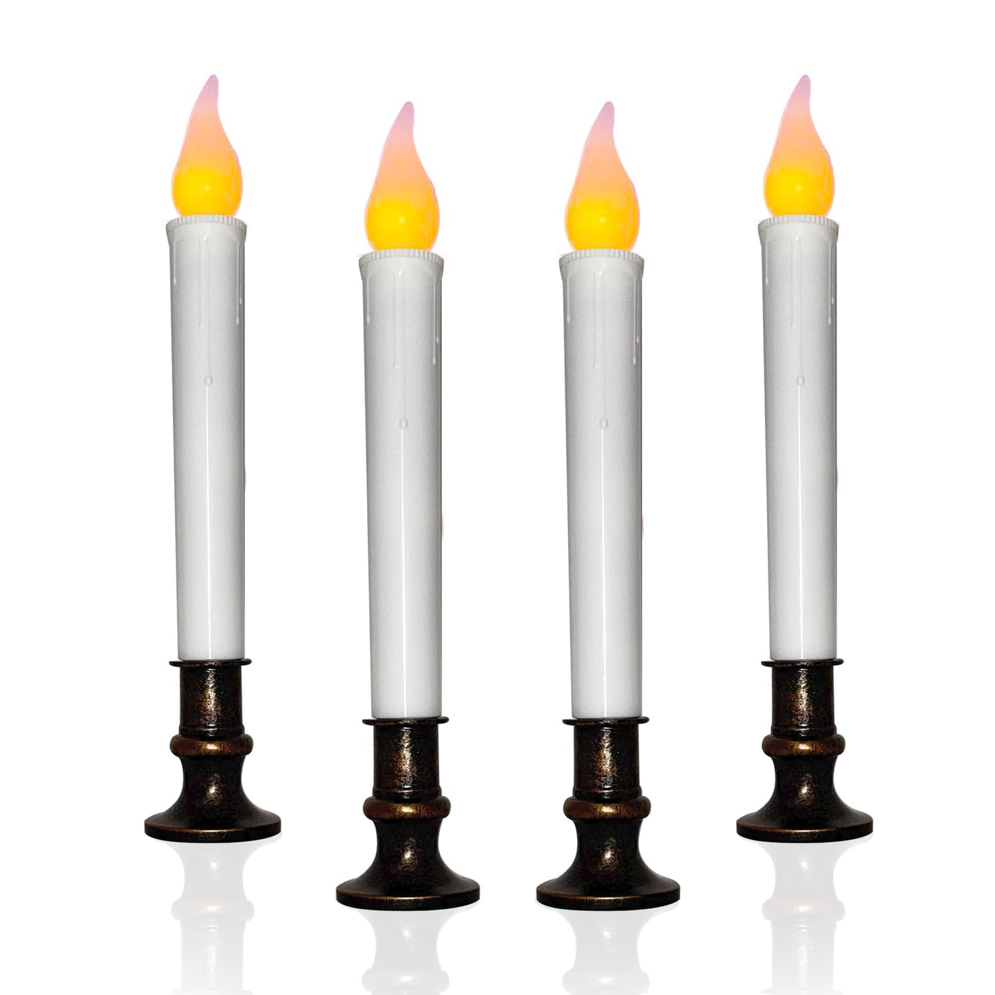 4 Pcs Christmas Window Candles with Timer, 9’’ LED Battery Operated Window Candle Lights with Flickering Flameless Flame, LED Candlesticks for Holiday Christmas Window Table Home Decor-Bronze Base