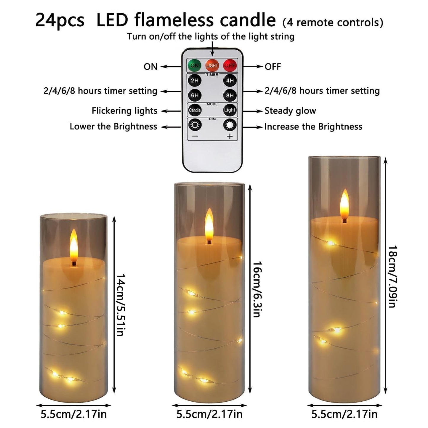 24-Pack Gray Flameless Candles with Remote Control, Battery-Powered LED Candles with Embedded Star String Lights & Realistic Flickering Flame. with Timer for Christmas, Home, Wedding, Fireplace Mantle