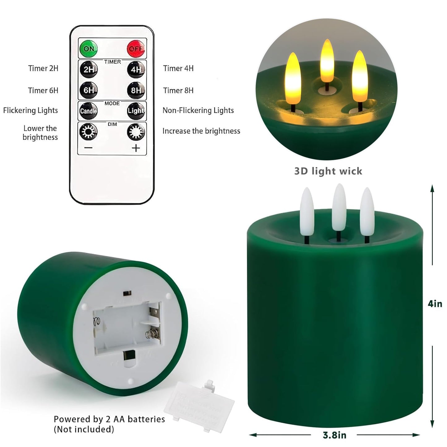 Large 3 Wick Flameless Candles Set of 2, 4"x4" Flickering LED Candles with Remote & Timer, Dimmable Real Wax Pillar Candles Battery Operated, Green Candles for Home Christmas St. Patrick’s Day Decor