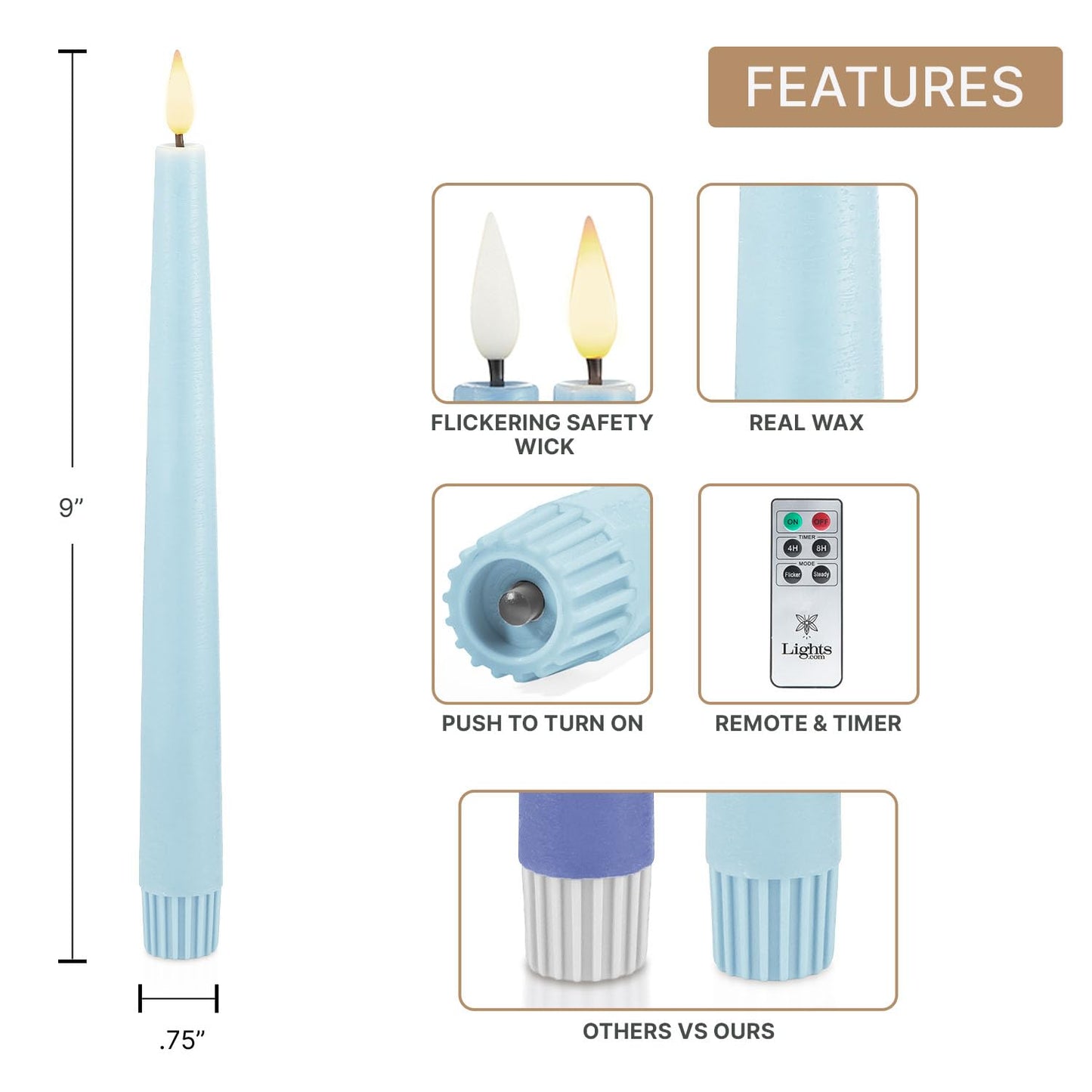 LampLust Flameless Taper Candles with Remote, 9 Inch, 4 Pack Pastel Blue Candlesticks, LED Flickering Flameless Candles for Baby Shower Gender Reveal Decoration, Summer Home Decor, Table Centerpiece