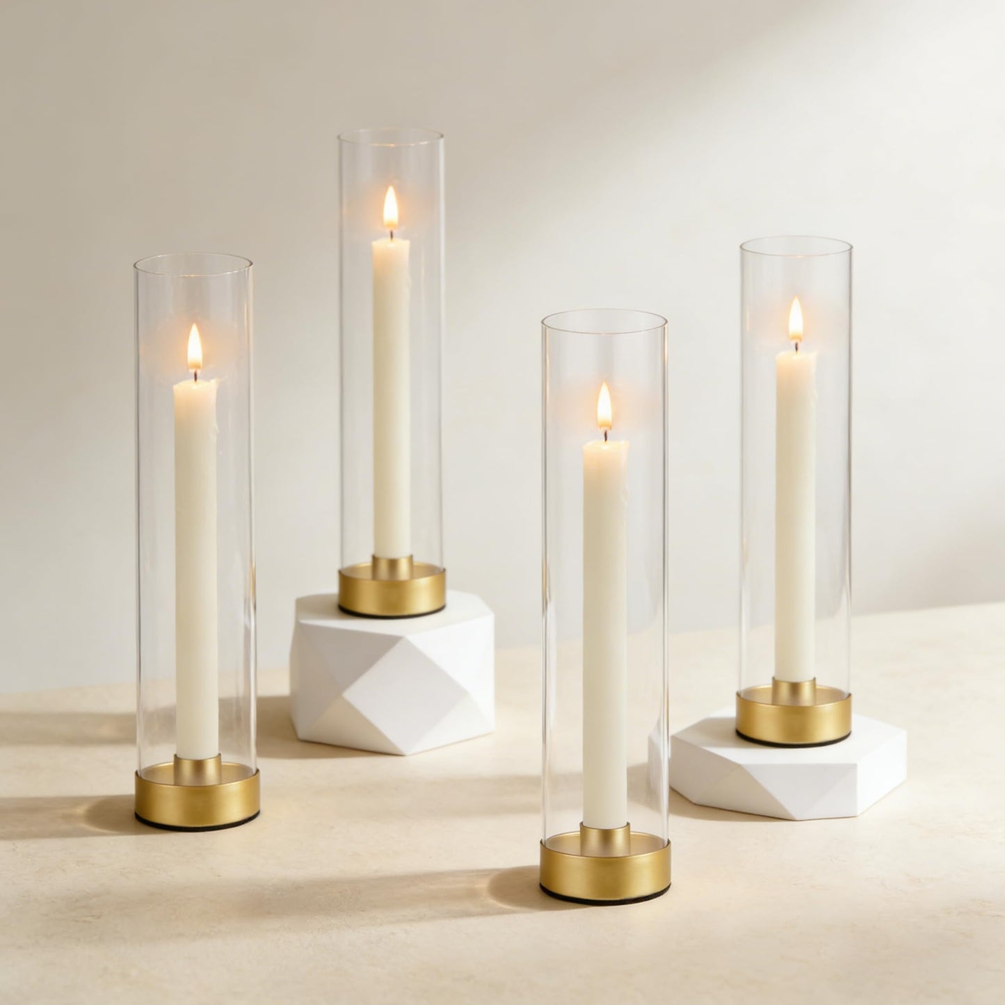 Hurricane Candle Holders Golden Taper Candle Sticks Holder, with 11" Thickened Glass Cylinder Covers Tall Candlesticks Holders Bulk Set of 4, Dining Table Centerpiece for Wedding