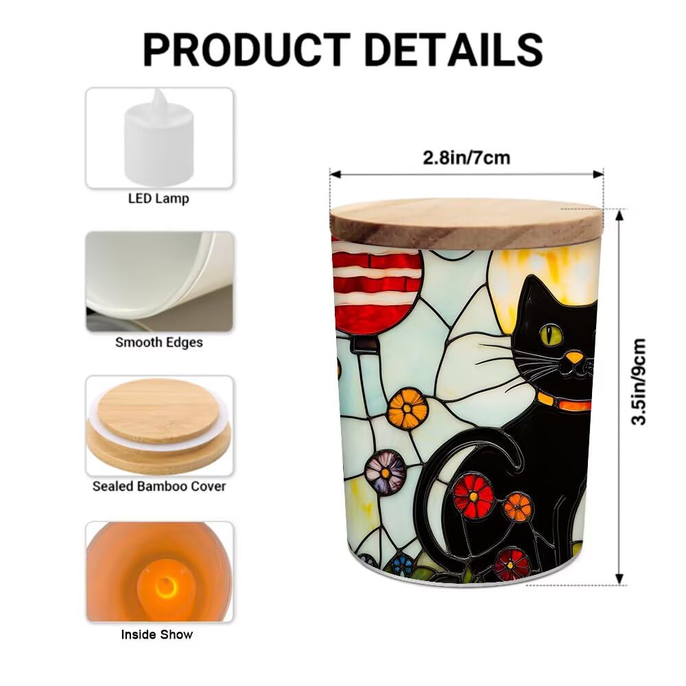 Stained Glass Black Cats Tea Light Candle Holders,Balloons Tealight Candle Holder Jar with Wooden Lid, Floral Votive Candlesticks for Table Centerpieces, Christmas,Birthday Party,Home Decor