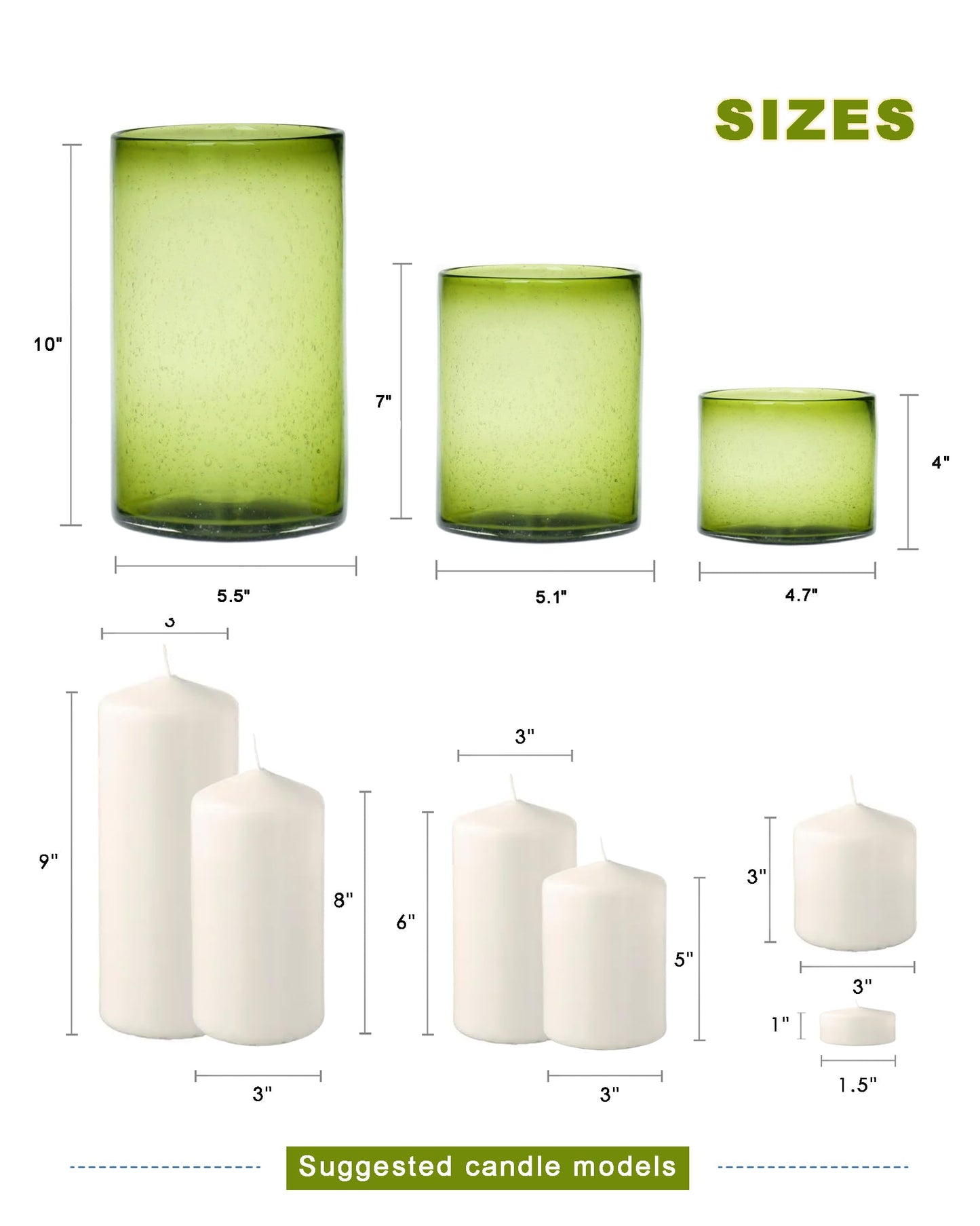 ARIAMOTION Hurricane Candle Holders Set of 3, Spring Green Glass with Seeded Bubbles, Pillar Candle Holders, Cylinder Vase Centerpieces 10" 7" 4" Height