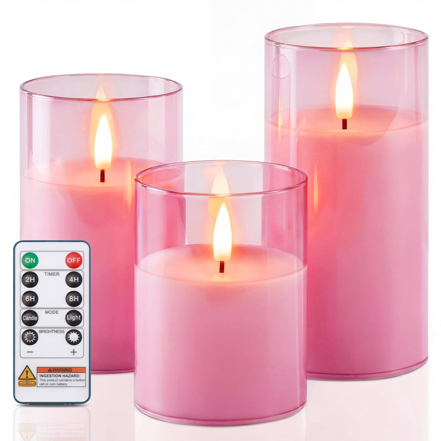 Homemory Pink Glass Flameless Candles, Battery Operated LED Pillar Candles with Remote & Timer, Real Wax Flickering Candles, Romantic Decorative Lights for Home Wedding Party, Set of 3