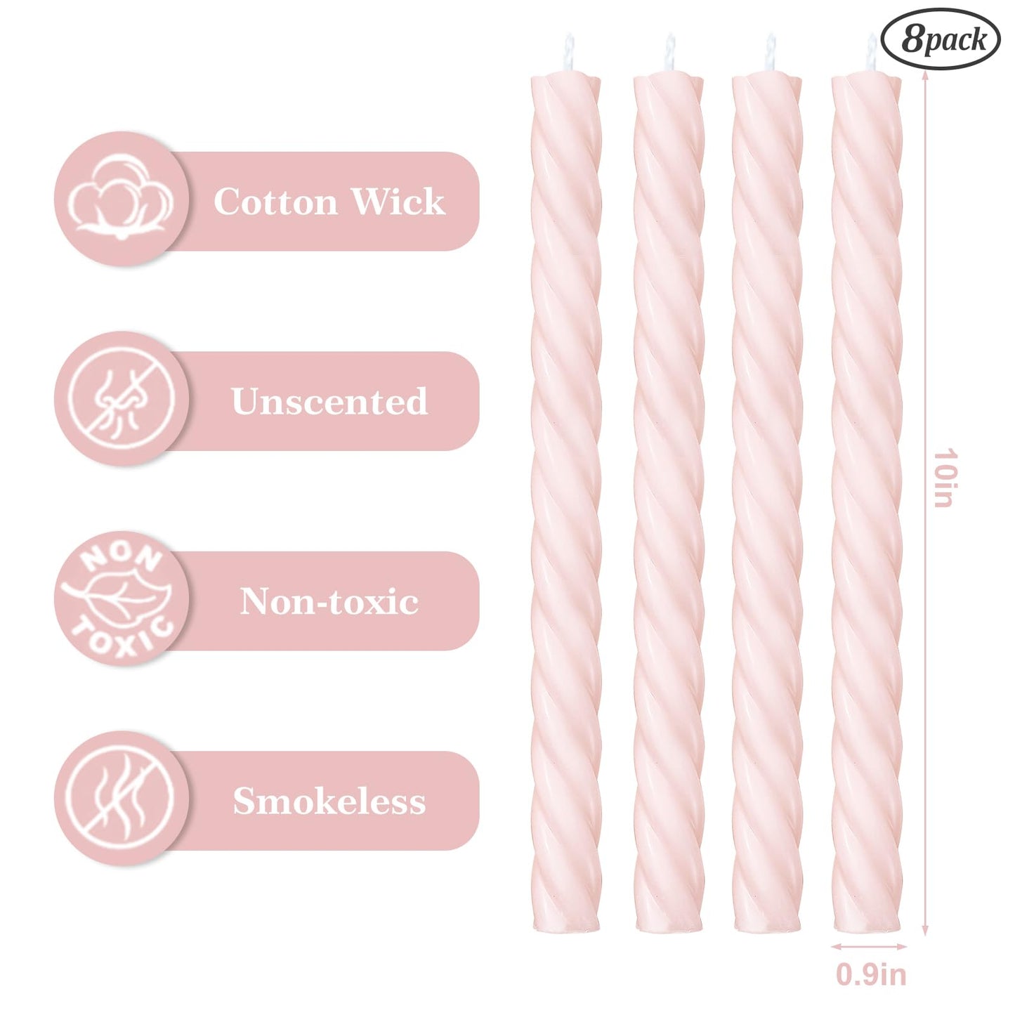 Whaline 8Pcs Baby Pink Spiral Candles Dripless Twisted Wax Candles 10 Inch Long Unscented Candle Sticks for Valentine's Day Wedding Baby Shower Birthday Party Home Decor