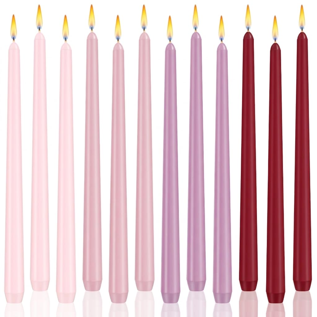PUREZON 12 Pack Pink Taper Candles, 10 inch Unscented Candlesticks, Smokeless, Dripless, Long Tall Tapered Candles, for Wedding, Dinner, Party, Home Decor, 8 Hour Burn Time (Gradient Pink)