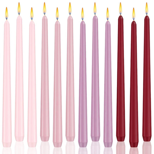 PUREZON 12 Pack Pink Taper Candles, 10 inch Unscented Candlesticks, Smokeless, Dripless, Long Tall Tapered Candles, for Wedding, Dinner, Party, Home Decor, 8 Hour Burn Time (Gradient Pink)