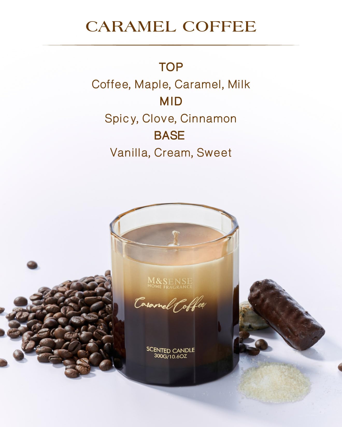 M&SENSE Caramel Coffee Candle for Home Scented, 10.6oz 60 Hours Burn Natural Soy Long Lasting Slow Burning Organic Aromatherapy Candle Housewarming Appreciation Gift for Women