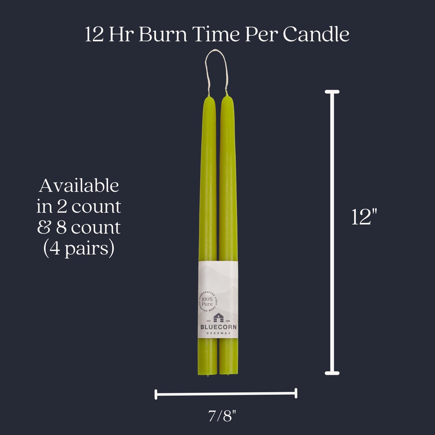 Bluecorn Beeswax Taper Candles, 100% Pure Natural Bees Wax, Pair of 12 Inch Sage Green Tapered Candlesticks, Clean Burning & Dripless, Fragrance Free, Long Lasting, Home Decor, American Made, 1 Count
