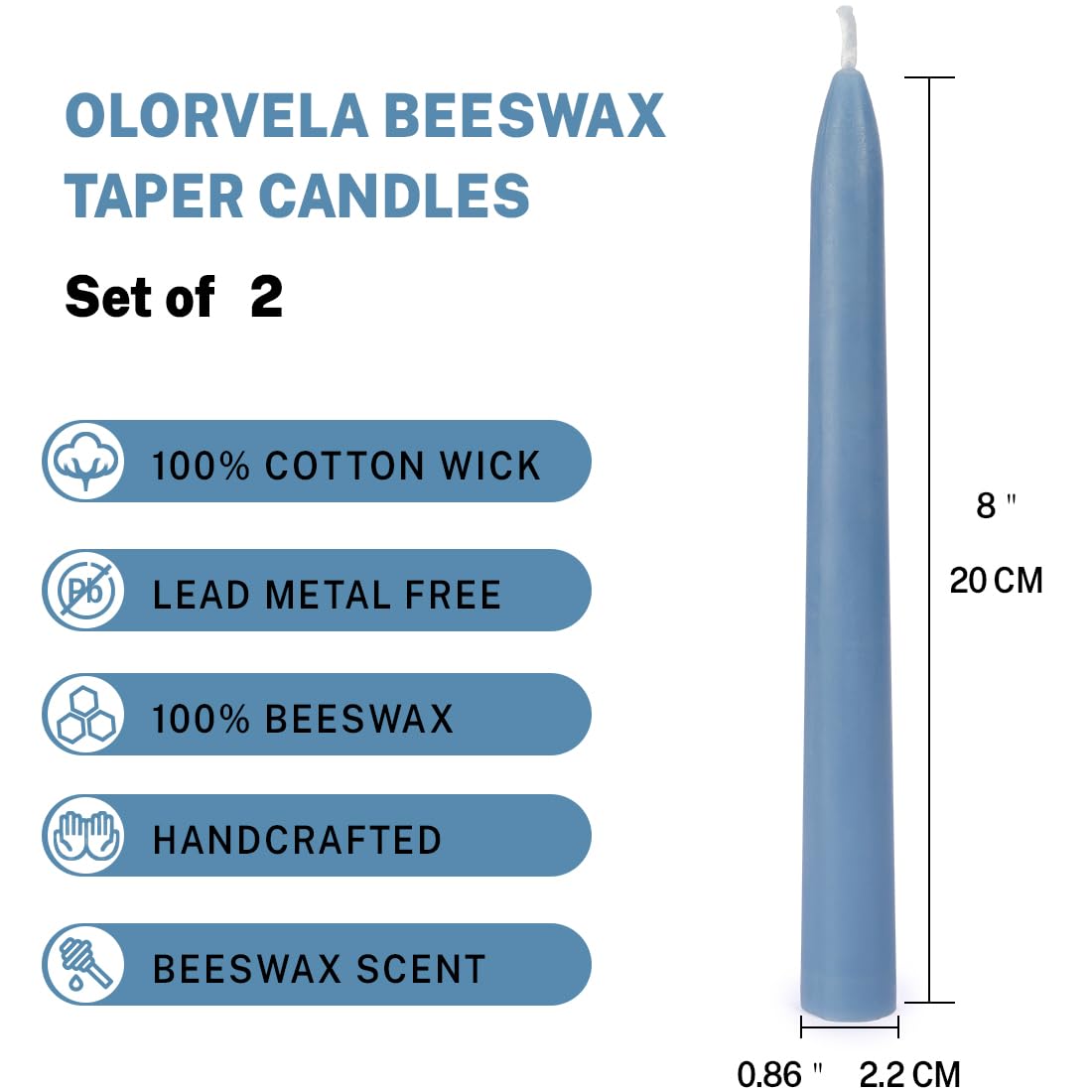Olorvela Green Beeswax Taper Candles,8" Long Candlestick,smokeless dripless unscented Natural Beeswax Candles.for Gift,Mother's Day (Green, 2 Pack)