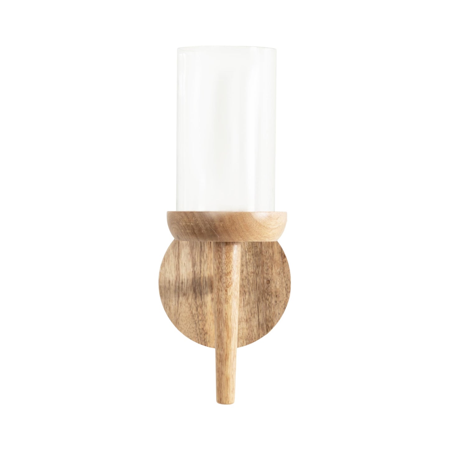 Kate and Laurel Shae Transitional Wooden Wall Sconce; 5 x 5 x 13; Natural Wood; Rustic Candle Holder with Removable Glass Cylinder for Flameless Pillar Candles