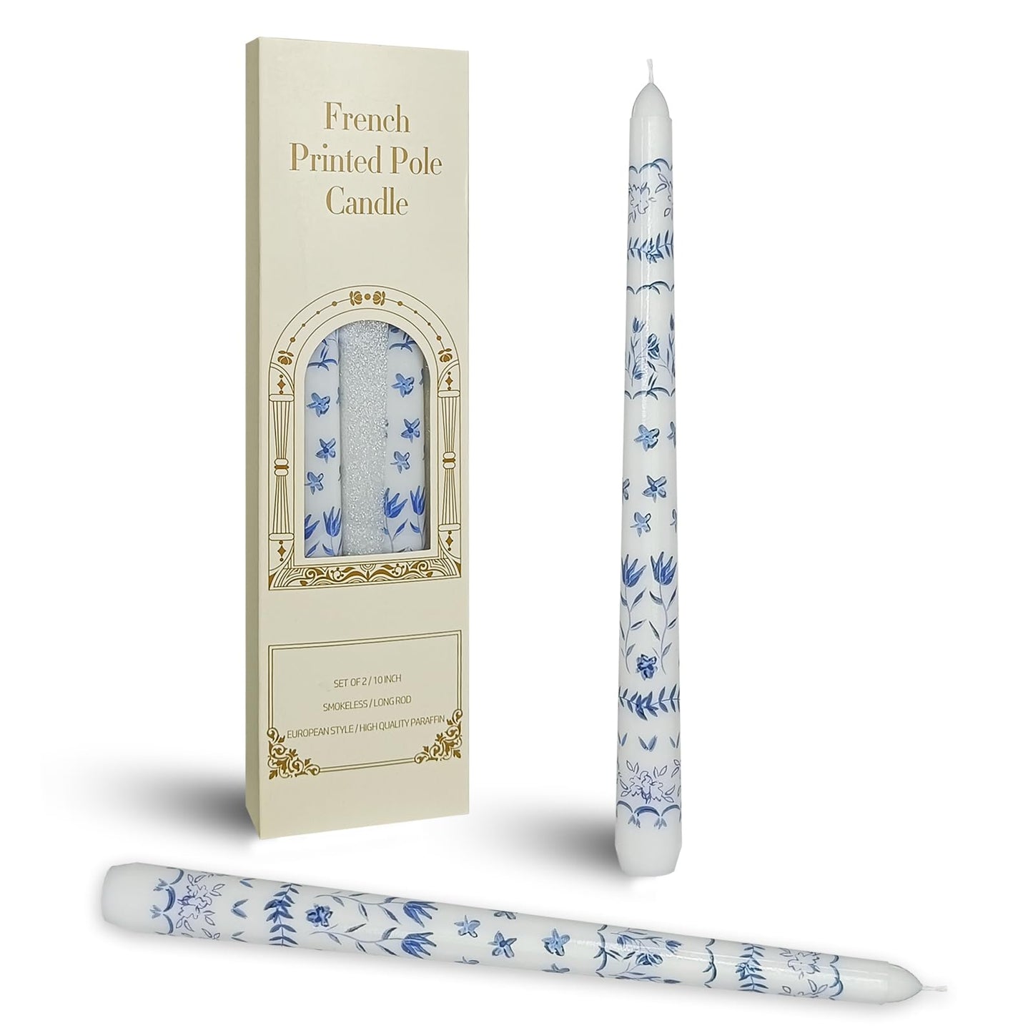 Chinoiserie Printed Taper Candle White with Blue Pastoral Floral Candlesticks 10 Inch Drip Handmade Long Tapered Candles, Set of 2 for Wedding & Home Decor Gifts
