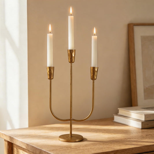 Cast Iron Candelabra for 3 Candles, Brass Candlestick Holder Vintage Taper Candle Holder Tall Antique Gold Candle Stand Table Centerpiece Mantlepiece Decor for Wedding Housewarming Christmas