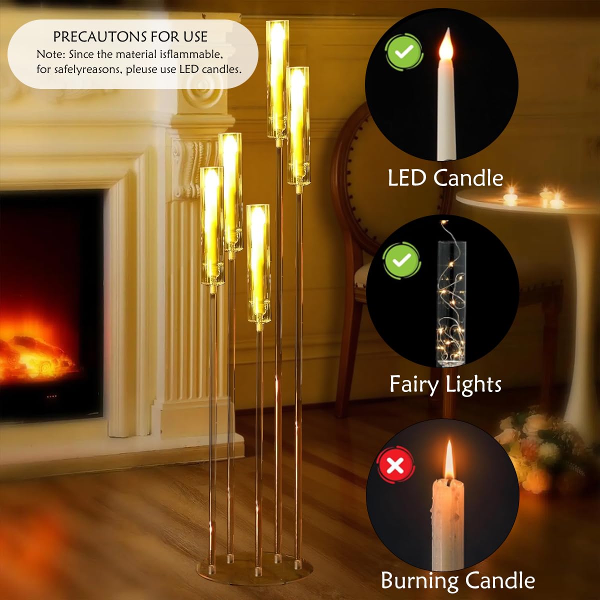 Fullvaseer 4pcs 5 Arm Acrylic Candelabra,Clear Candle Holder for Wedding,45.7inch Tall Floor Candle Holders for Ceremony Birthday Party Home Decoration Fit 0.8 LED Candles