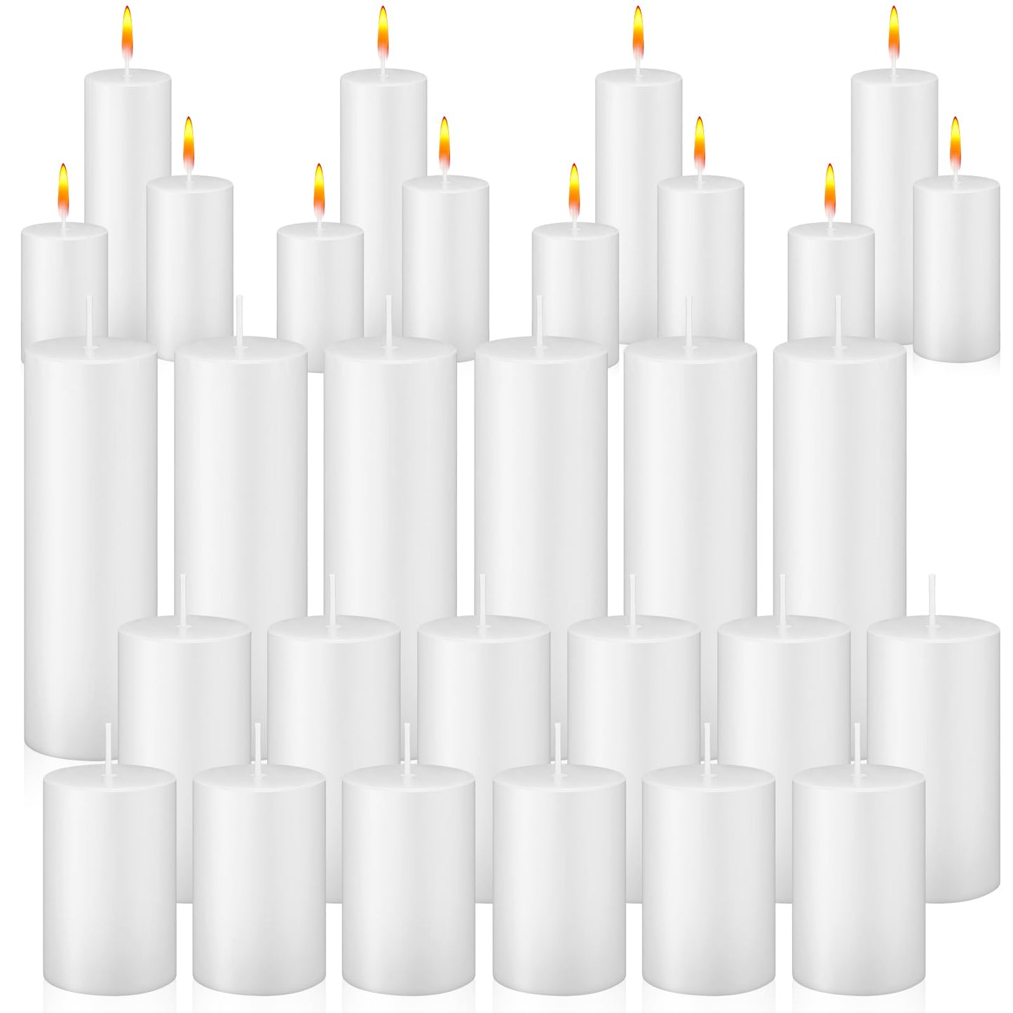 MTLEE 36 Pcs Pillar Candles Bulk Unscented Candle Set 38 Hour Long Burning Dripless for Dinner Emergency Wedding Spa Party(3 Sizes,White)