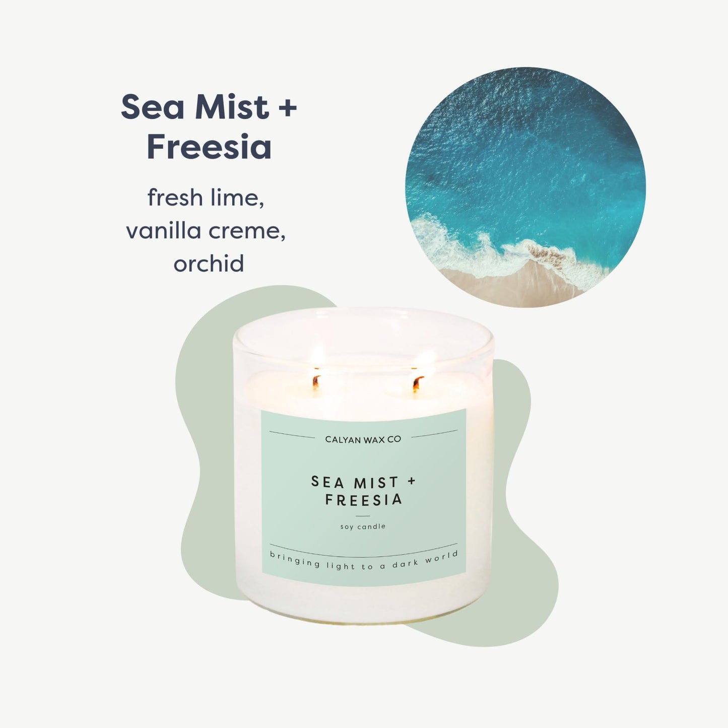 Calyan Wax Co. Sea Mist & Freesia 2 Wick Scented Candle - 37 Hour Burn - Luxury Clean Soy Wax Candles - Long Lasting Large Glass Jar Candle for Home - 8.8oz