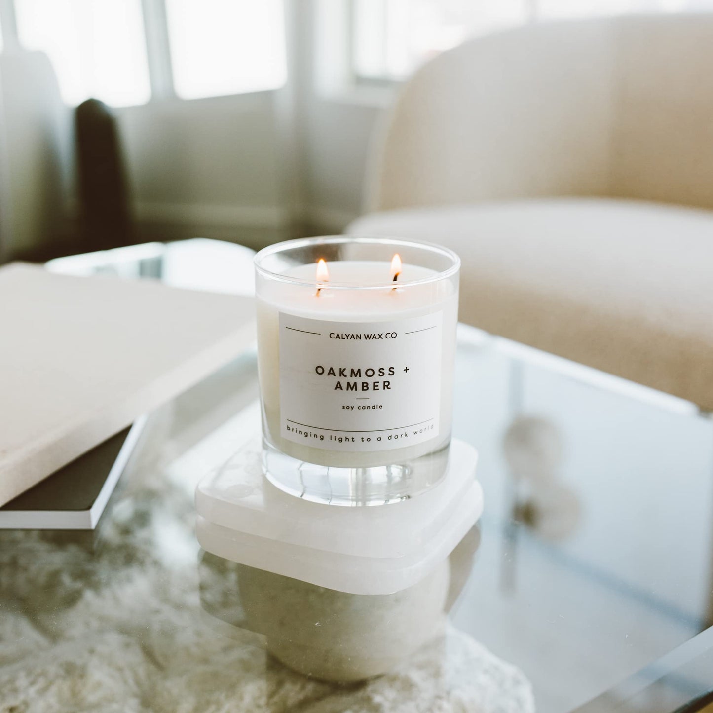 Calyan Wax Co. Oakmoss & Amber 2 Wick Scented Candle - 37 Hour Burn - Luxury Clean Soy Wax Candles - Long Lasting Large Glass Jar Candle for Home - 8.8oz