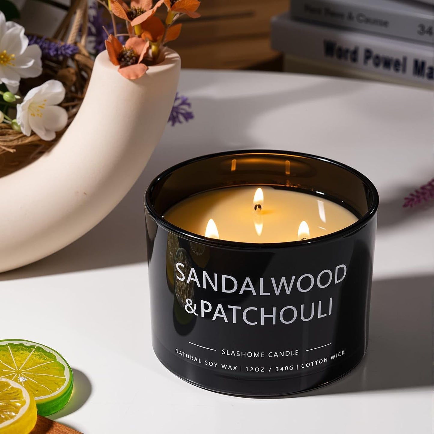 Sandalwood & Patchouli Scented Candle, Luxury Large 3 Wick Soy Candle 12 Oz, 60+ Hour Long Lasting Clean Burn, Elegant Aromatherapy Home Decor, Housewarming & Birthday Gift for Men & Women