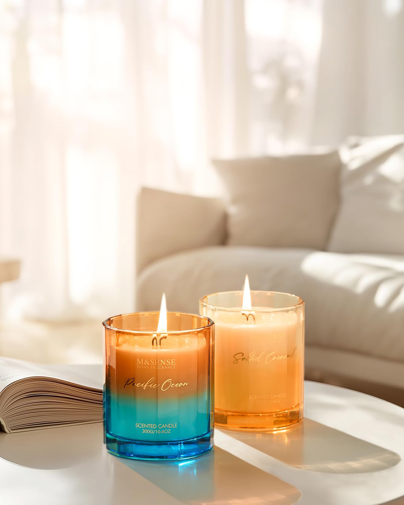 M&SENSE Summer Ocean Scented Candles for Home, 10.6oz Natural Soy Wax, 60-Hour Clean Non Toxic Aromatherapy Candle, Marine Breeze Smelling for Housewarming Gifts
