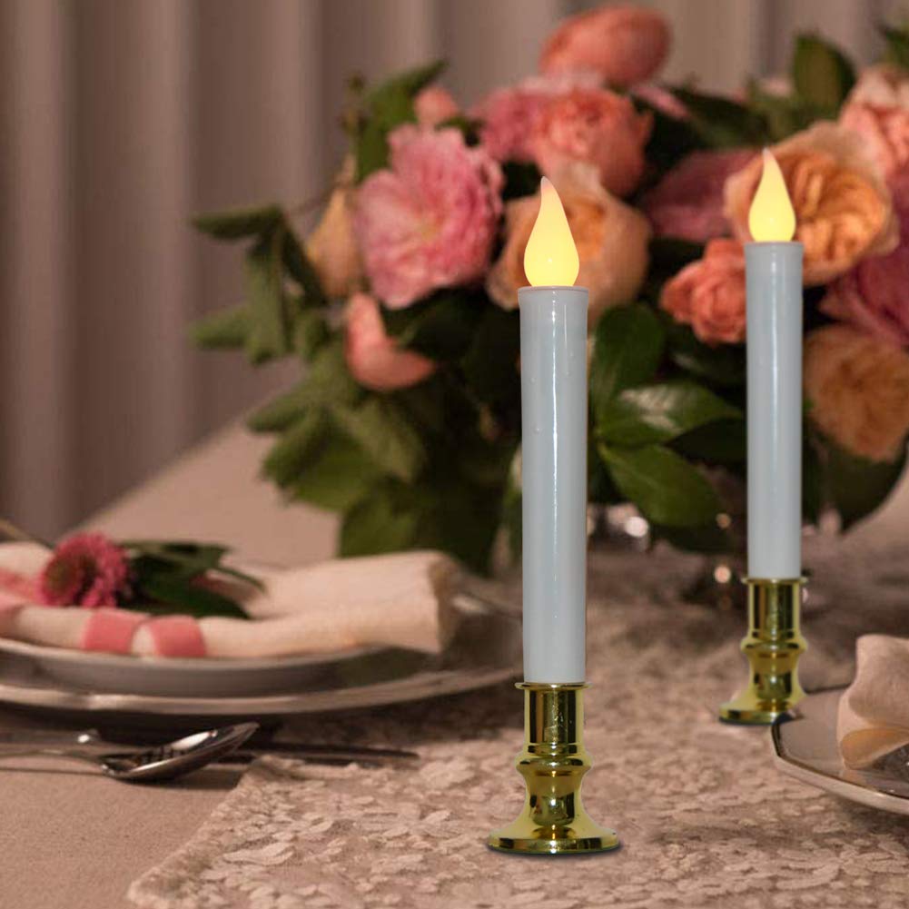 GOOTHY Christmas Window Candles Lights, Automatic Timer LED Flickering Candle Lights with Gold Base (6/18 Hour Timer), 9'' LED Battery Operated Candles for Indoor Table Party Decor- Set of 4