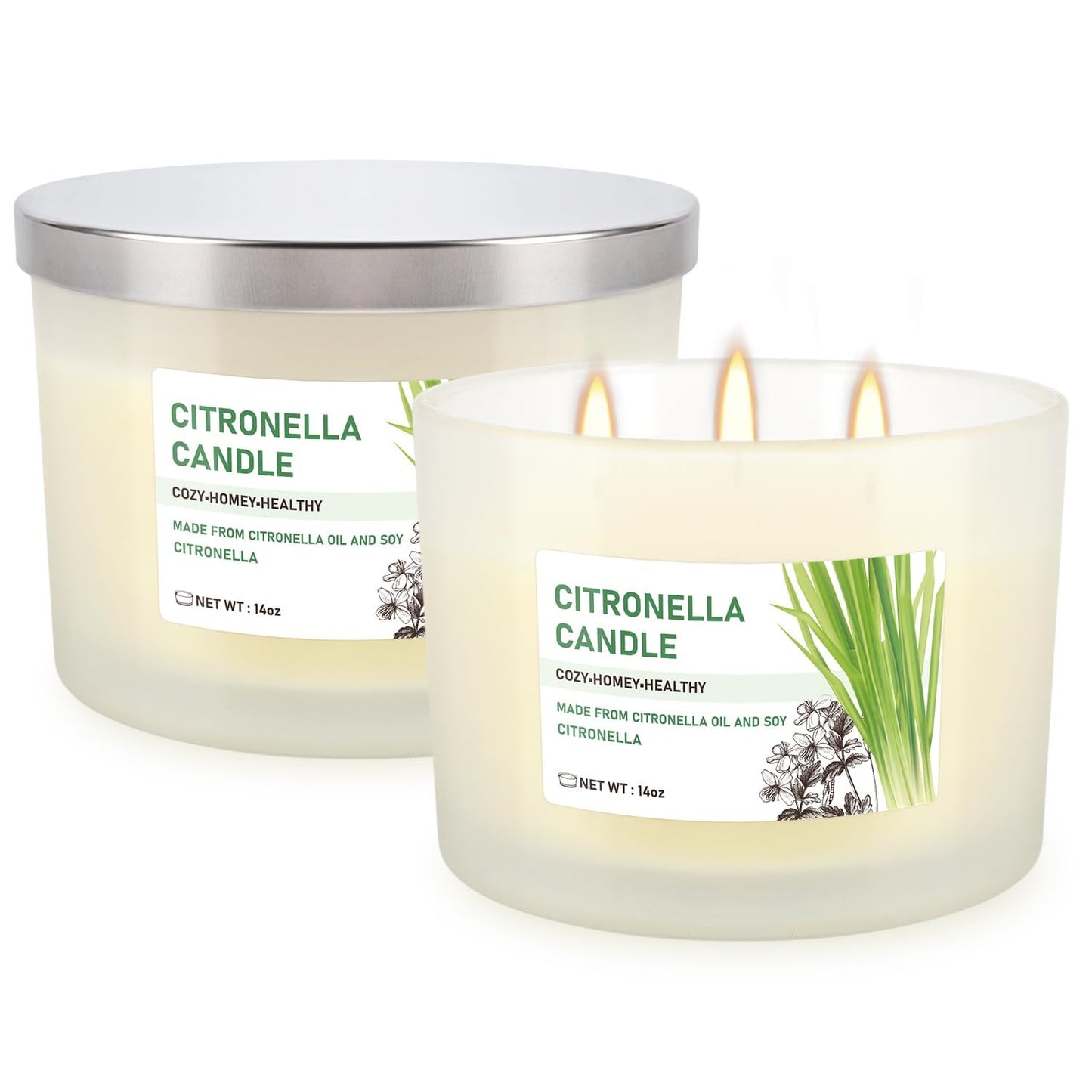 Citronella Candle Set of 2, 14oz Frosted Jar Triple-Wick, Clean & Smokeless for Outdoor Patio, Garden, Deck, Porch Ambiance with Natural Citronella Scent