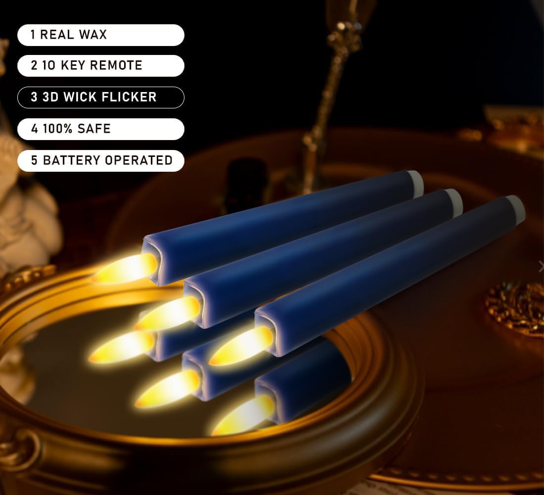 KSWING Upgraded Real Wax LED Flameless Navy Blue Taper Candles with Remote, 6 PCS Candlesticks Battery Operated 3D Flickering - 9.6" Long Realistic Fake Candle Sticks for Home/Wedding/Xmas Deco