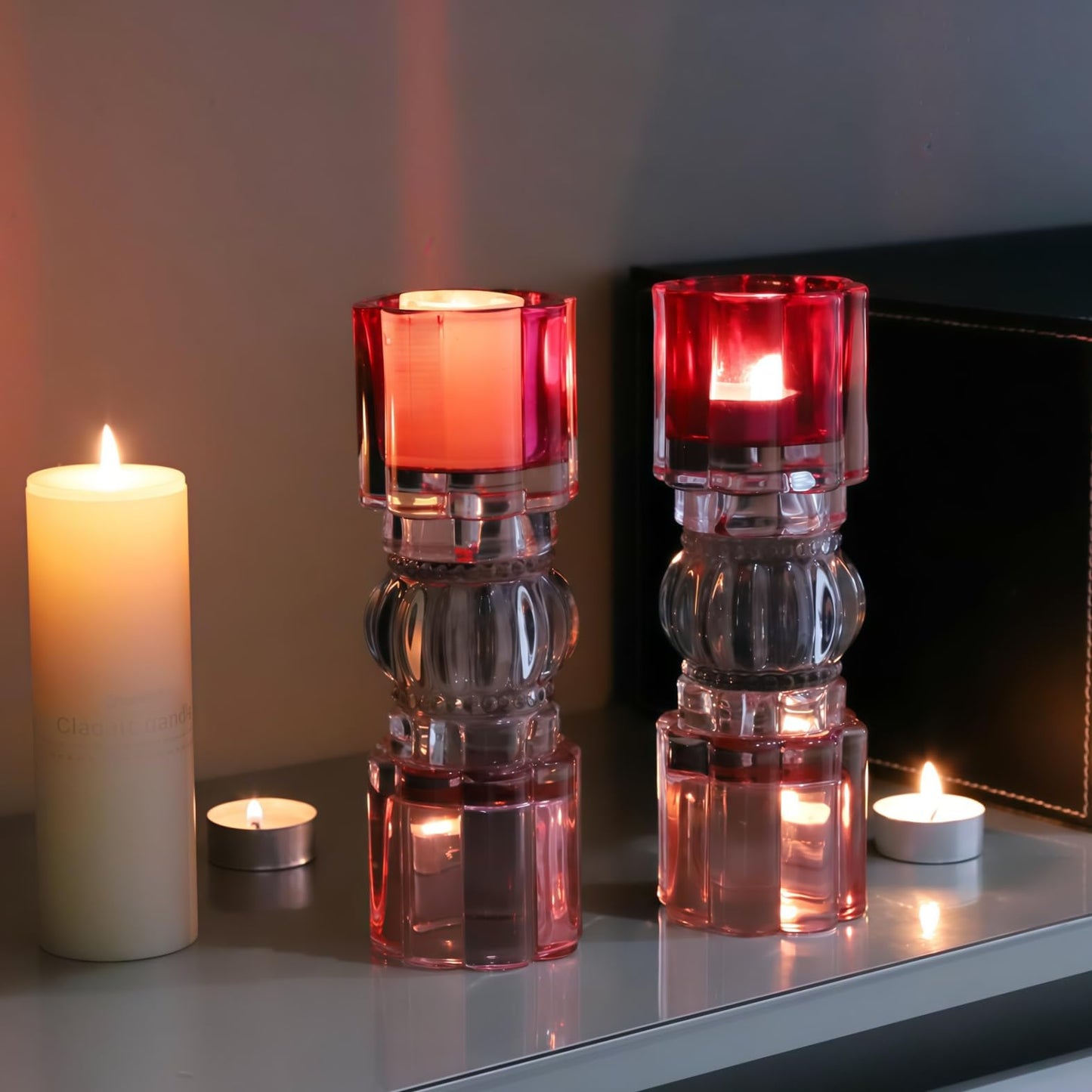 VOHO Pink Candle Holder for Valentines Day Decorations, Set of 2 Heavy Glass Votive Candle Holders Decor for Room Table, Romantic Tealight Candle Holder Gifts for Her(7.87x2.75 in W/H, Shades of Pink)