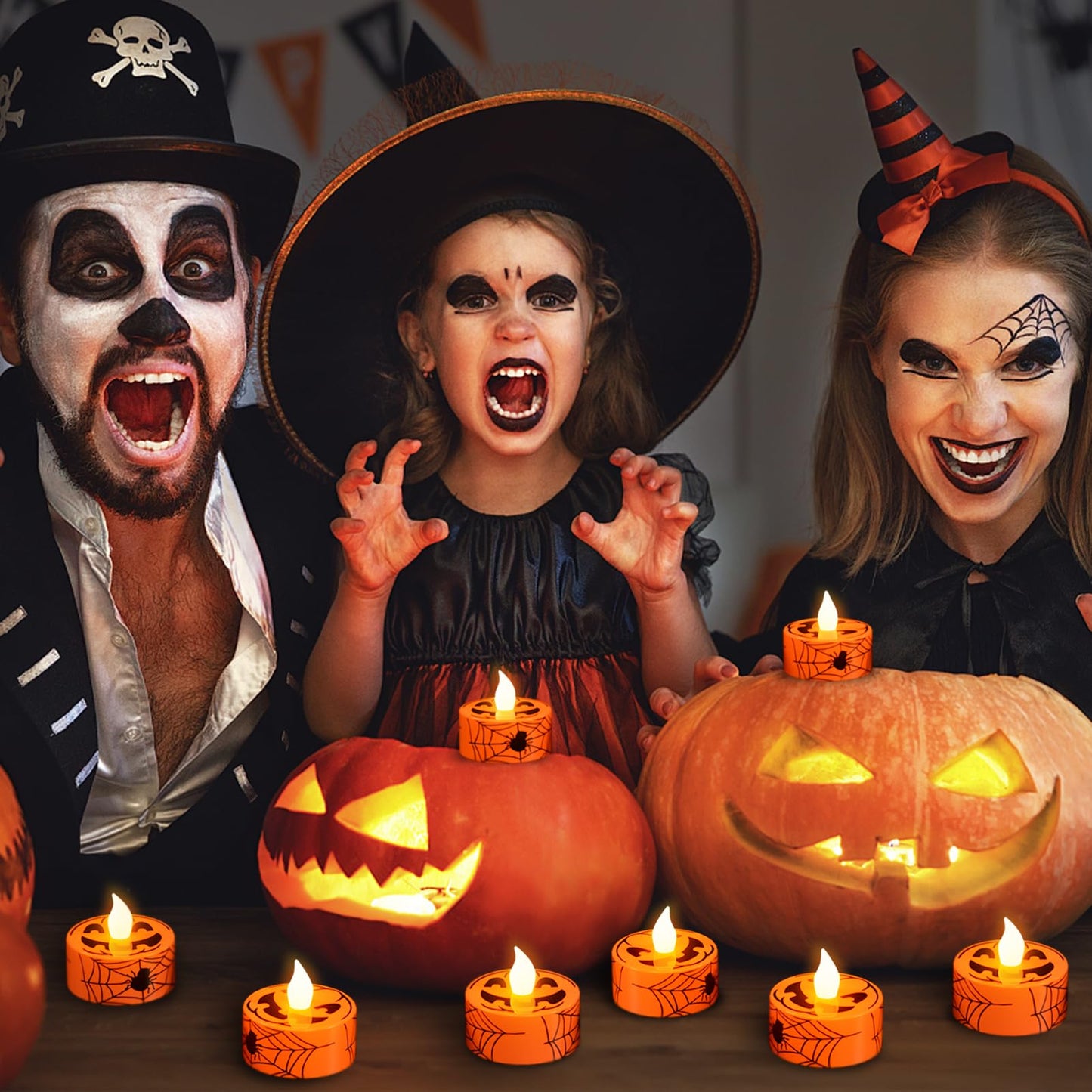 GenSwin Halloween Tealights Candles Battery Operated, 12 Pack Tea Lights Flameless Candles with Timer, Orange LED Votive Flickering Candles with Pumpkin Face and Spiderweb Prints for Halloween Decor