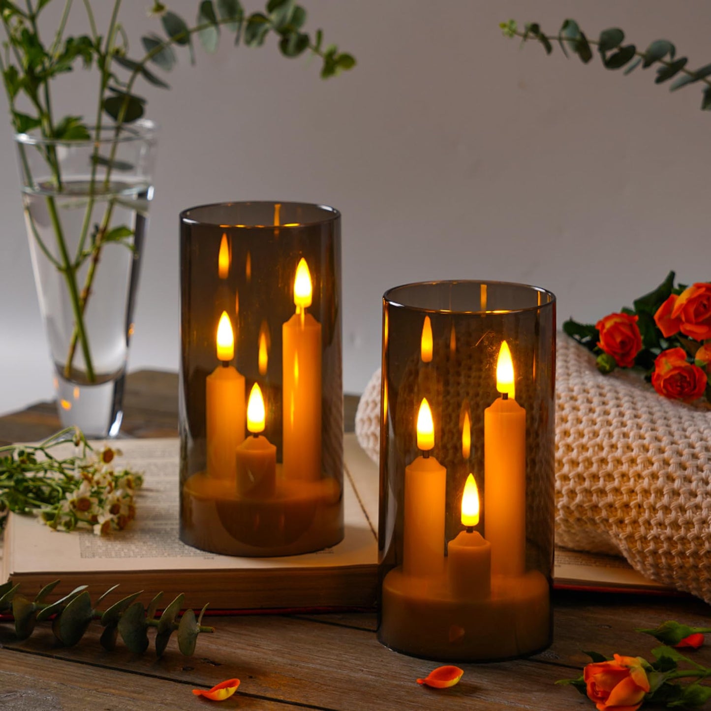 2 Pack 3D Wick Flameless Taper Candles, Gray Transparent Acrylic Cover LED Flickering Candle Lights, Remote Control Battery Operated Electric Candles for Home Wedding Christmas Party Table Decor.