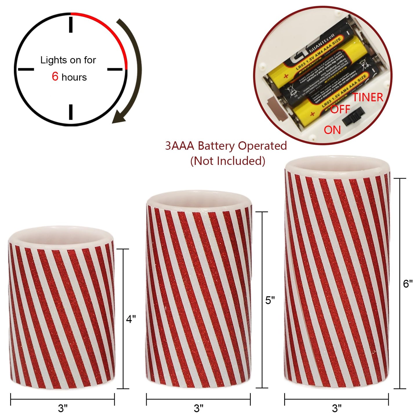 DRomance Christmas Flameless Candles Battery Operated with 6 Hour Timer, Real Wax Flickering LED Pillar Candles Candy Cane Decals Dinner Party Holiday Indoor Table Decor(3 Pack, 3" D x 4", 5", 6" H)