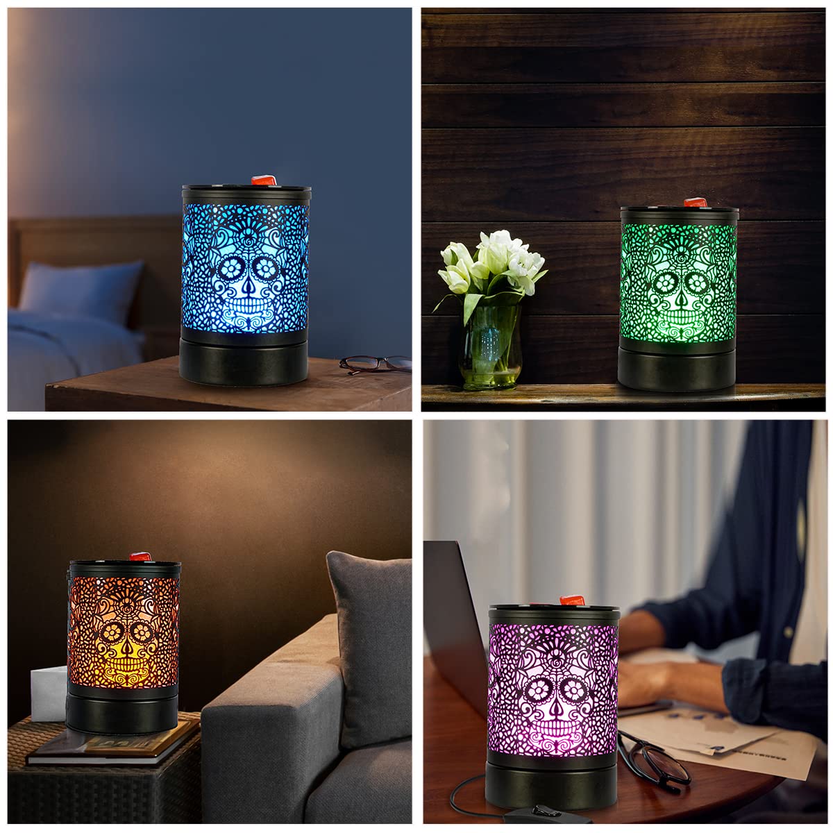 Enaroma Fragrance Wax Melts Warmer with 7 Colors LED Changing Light Classic Black Forest Design Scent Oil Candle Warmer for Home Skull