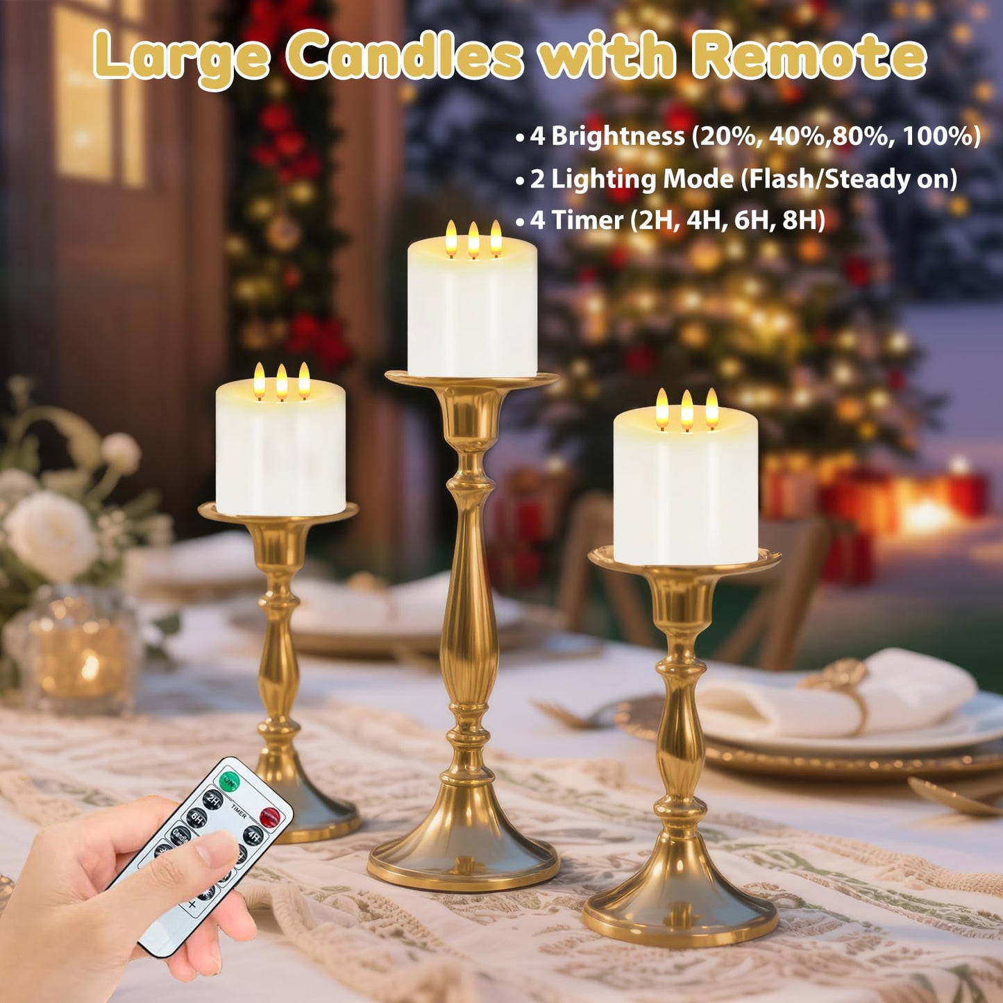 Large 3 Wick Flameless Candles, 4"x4" Flickering Flameless Candles with Remote & Timer, Dimmable Real Wax LED Candles Battery Operated, Electric Pillar Candles for Home Wedding Christmas Decor (White)