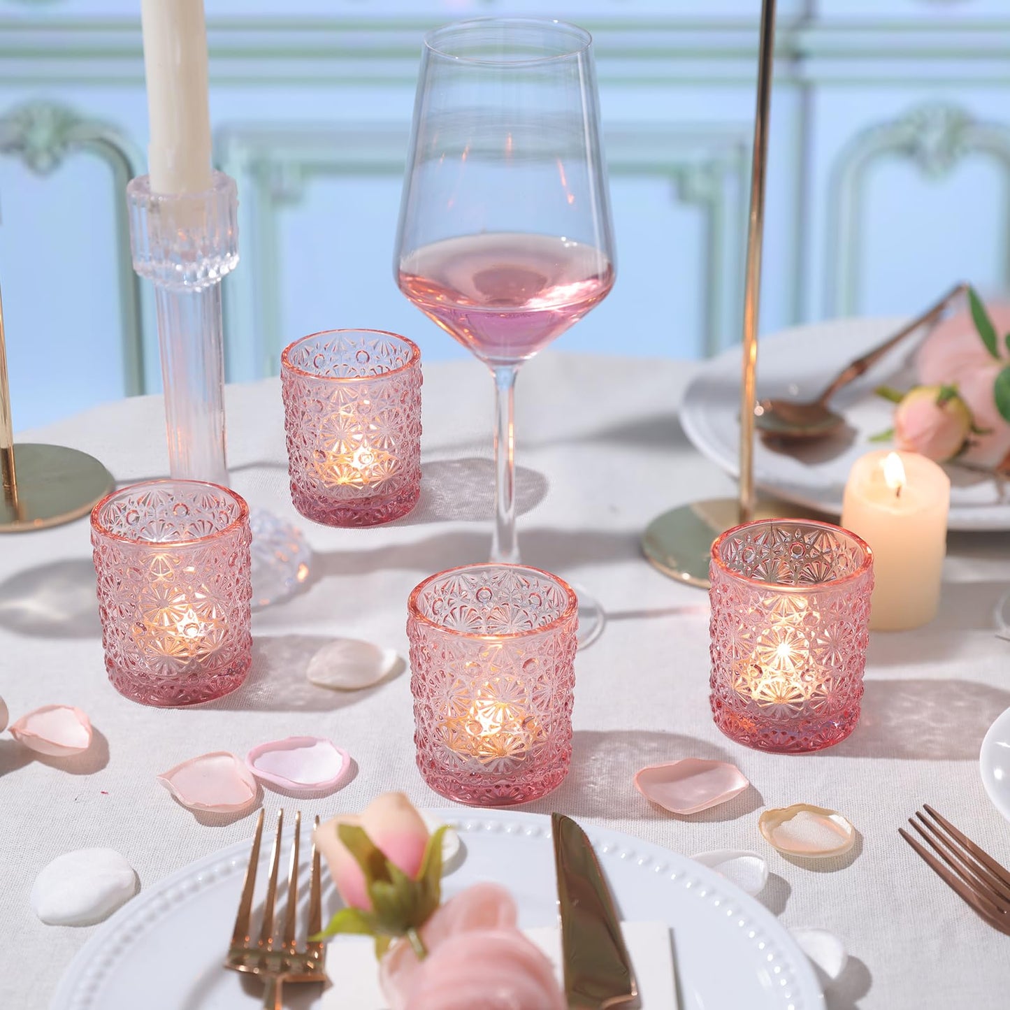 Lanttu Pink Votive Candle Holder Set of 12, Flower Tea Lights Candles Holders for Wedding Table Centerpieces, Birthday Parties, Anniversary, Pink Bridal Shower and Holiday Decorations