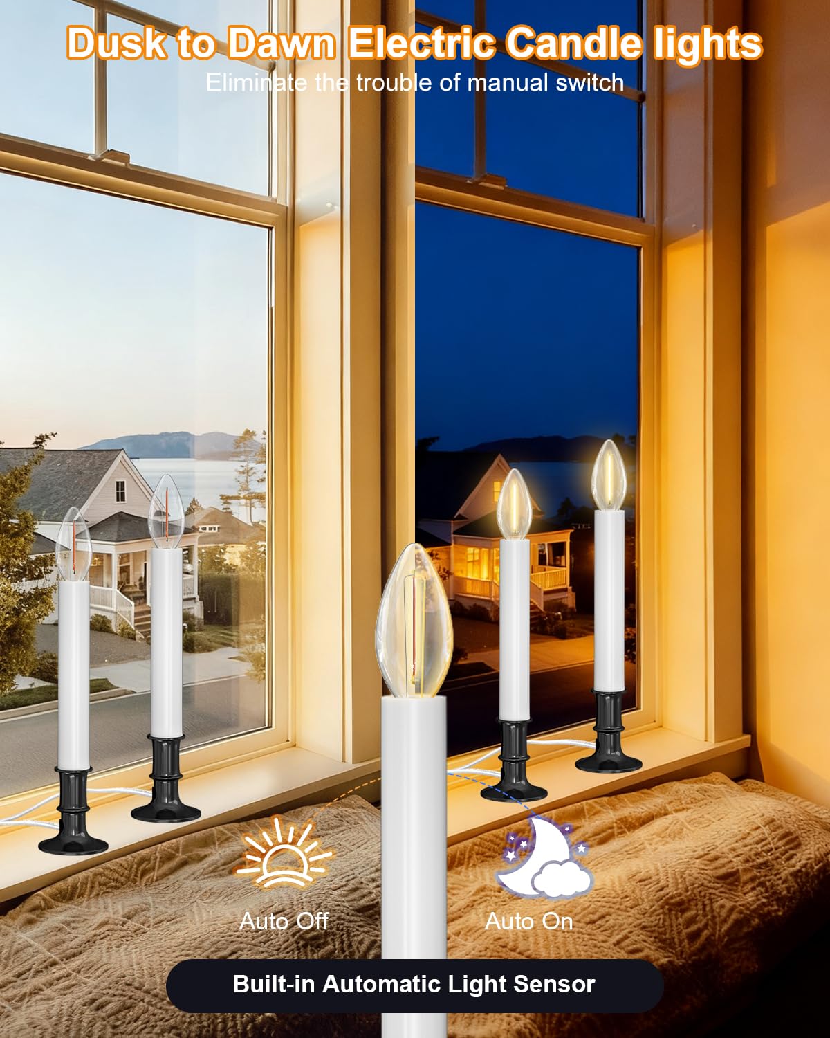 Electric Window Candle Lights with Auto Sensor, Dusk to Dawn Candle Lamps with Nickel Plated Base, 9 Inch Plug in Window Lights with 0.6W LED Shatterproof E12 Bulbs for Christmas Decor, 4 Pack