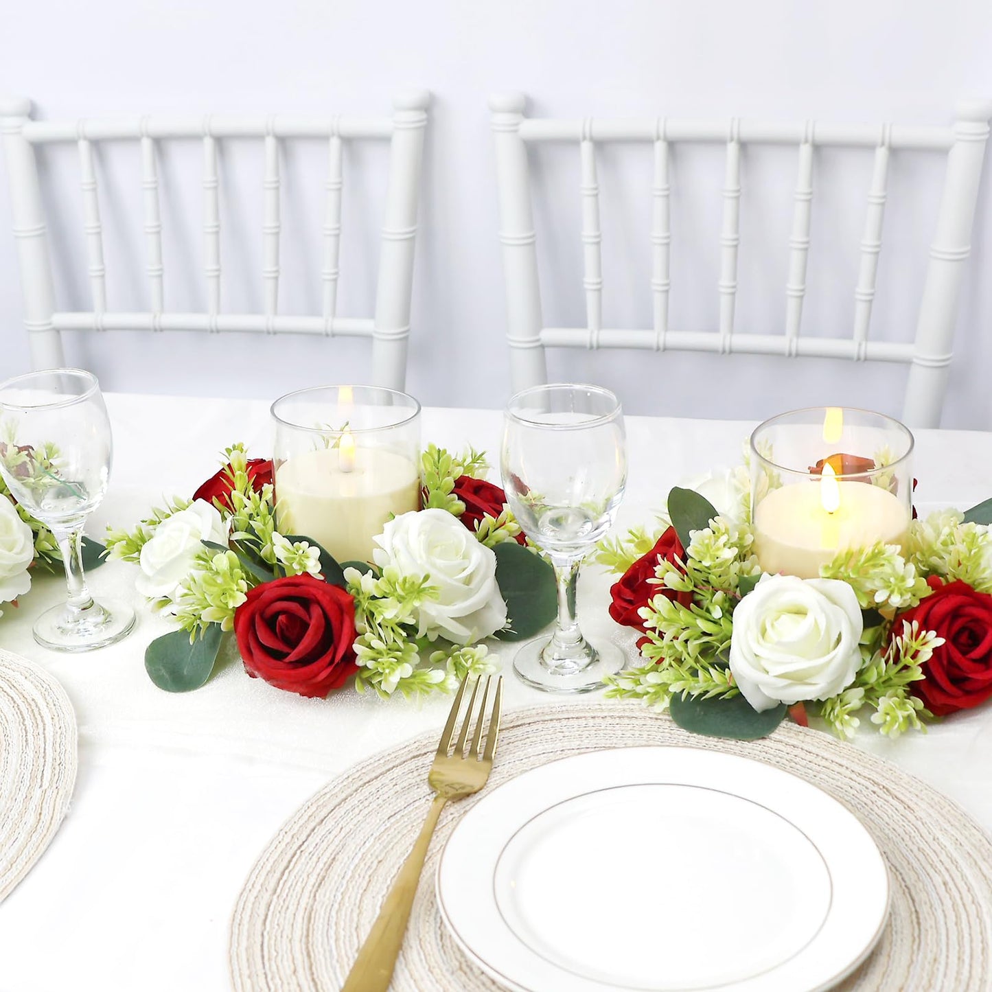 Acmee Crimson Rose Candle Rings with Flameless Candles Sets - 12PCS Artificial Flower Eucalyptus Wedding Centerpiece 3 Inch Pillar Candleholders Wreaths for Wedding Party Decor (Crimson - 6 Sets)