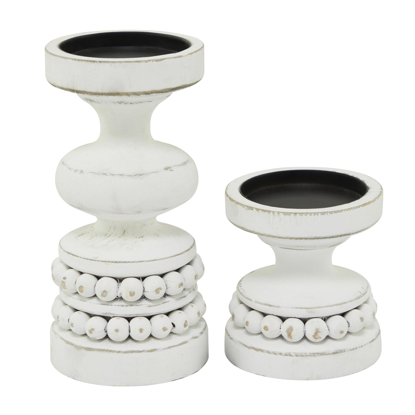 Deco 79 Wood Decorative Candle Holder Beaded Pillar Candle Stand, Set of 2 Candlestick Holder 8", 4"H, White