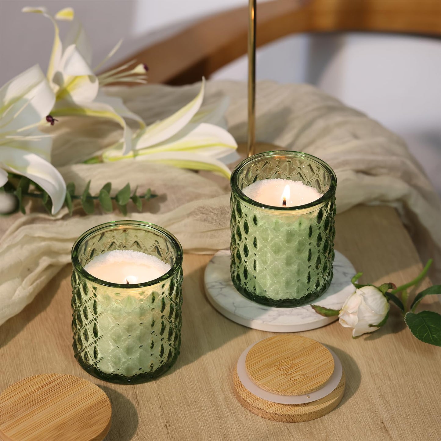 NITIME 15pcs 7.5oz Green Candle jars for Making Candles, Glass Candle Vessels With Bamboo Lids and Sticky Labels, Candle Containers for Making Candles and Candle Making Supplies